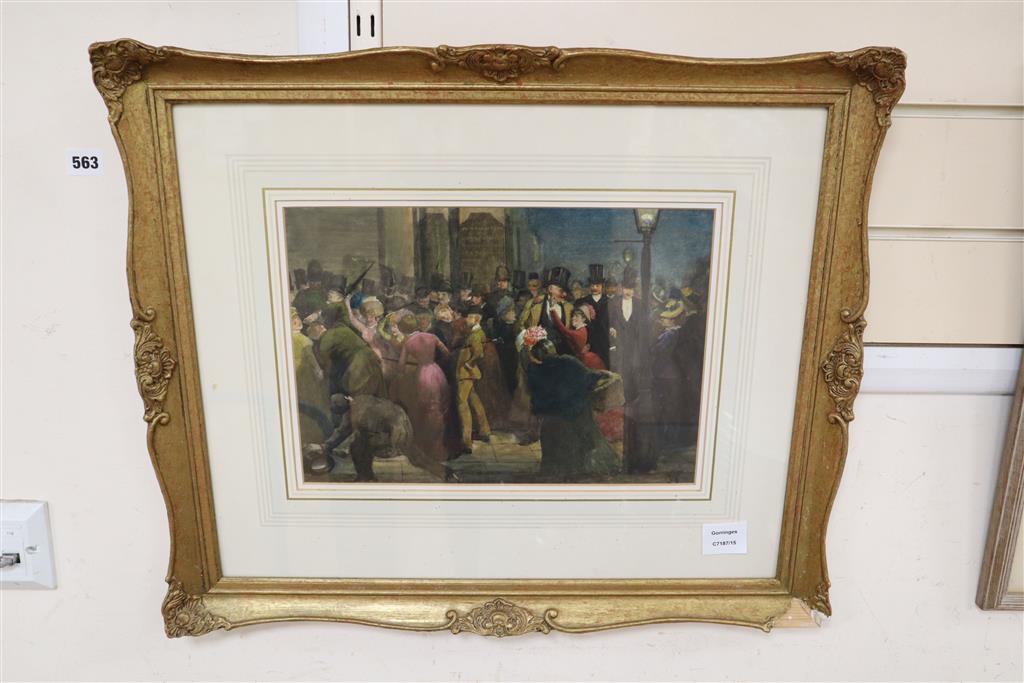 William Strutt (1825-1915), watercolour, Suffragettes protesting in a crowd of gentleman, monogrammed, 24 x 34cm